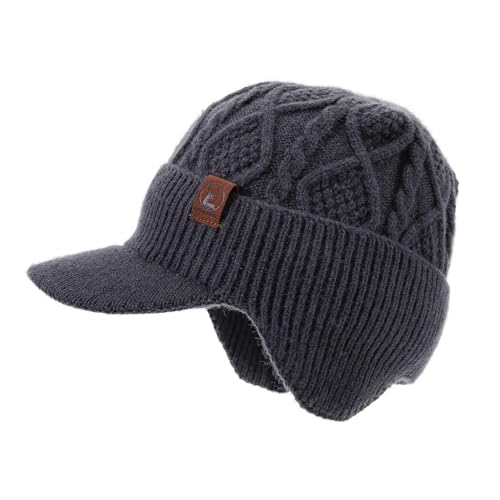 Winter Beanie with Brim Thick Fleece Knit Hat Short Brim Newsboy Hats Warm Earflaps Slouchy Skull Ski Caps - color: Mg-hem25107-grey