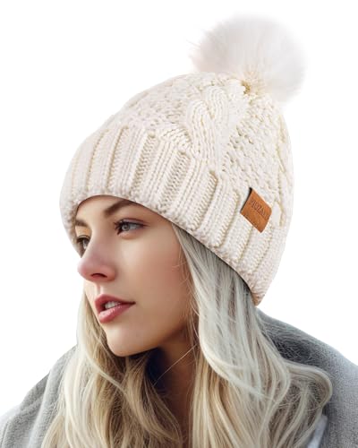 Women's Winter Pompom Beanie Warm and Cozy Knit Hat Fleece Lining Skull Cap for Women - color: White