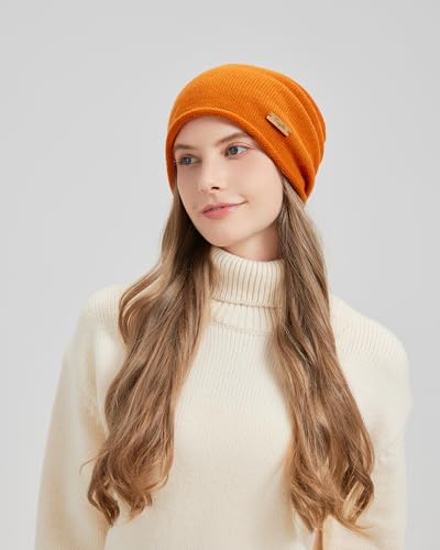 100% Merino Wool Slouchy Beanie Hat, Women Warm Winter Caps Soft, Ladies Breathable & Cozy Stretchy Knitted Skull Cap - color: Orange