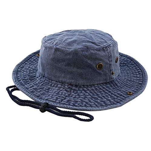 The Hat Depot Cotton Stone-Washed Safari Wide Brim Foldable Double-Sided Sun Boonie Bucket Hat - color: 3. Pigment - Blue, size: Small-Medium