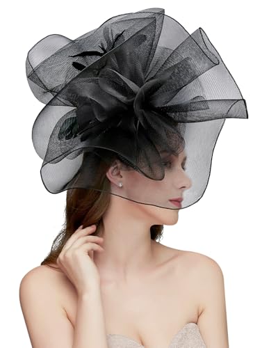 Z&X Sinamay Fascinator Hat Floral Feather Pillbox Derby Hats for Women Wedding Tea Party with Headband Clip - color: 006b Black