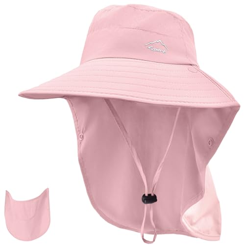 Rosoz Sun Hat for Men Women with Neck Flap& Removable Face Cover Wide Brim - color: 1pack-pink