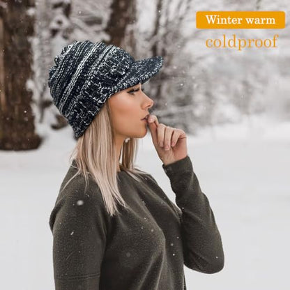 XYIYI Beanie Tail Winter Warm Knit Messy High Bun Ponytail Hats Visor Beanie Cap - color: A Black White