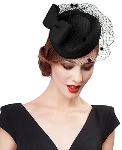 Z&X British Vintage Wool Felt Pillbox Hat Ladies Church Derby Winter Fascinator Hat Veil Flower Fedoras - color: 012 Black