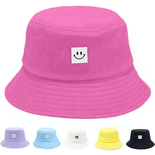 Kids Sun Hat Smile Face Bucket Hat for Girls Boys Summer Sun Protection Cotton Unisex Beach Cap - color: Pinky Purple