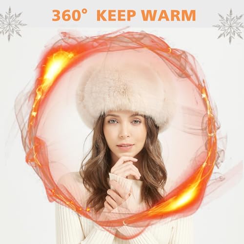 Winter Trapper Hat for Women Warm Faux Fur and Leather Windproof Full Hood Earflap Beanies - color: Beige2