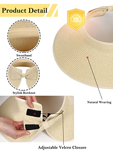 sy soul young Women's Straw Hat with Ponytail Hole Wide Brim Visor Sunhat - color: Beige
