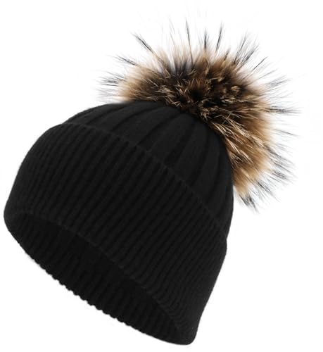 Women's Winter Ribbed Cuffed Beanie Skull Cap with Genuine Raccoon Fur Pom - color: Black Yellow 3