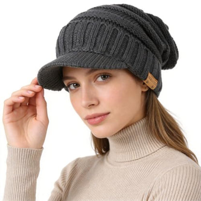 Ruphedy Mens Beanie with Brim Winter Hat Knitted Thick Fleece Visor Beanie - color: B320-grey