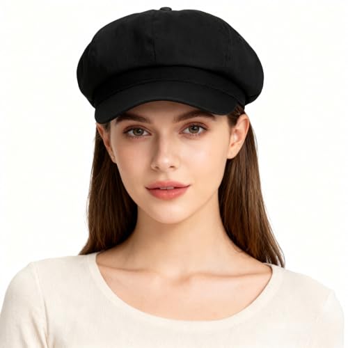 Newsboy Cabbie Baker Boy Hat Beret Cap for Women Pageboy Hats Flat Visor Cap Sailor Hat Adjustable - color: Black