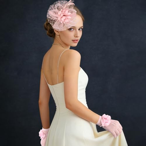 Fascinator Hat and Lace Gloves Set for Women Vintage Derby Tea Party Headpiece with Feather - color: Pink