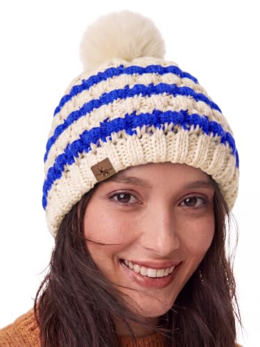 Winter Hats for Women Cable Knit Chunky Skull Cap Fleece Lined Thick Fold Cuff Beanie hat - color: Sky Blue & Cream Beanie, style: Pineapple