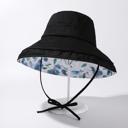 HUAMULAN Women Wide Brim Reversible Sun Hat Summer Beach Fishing Bucket - color: Black Floral