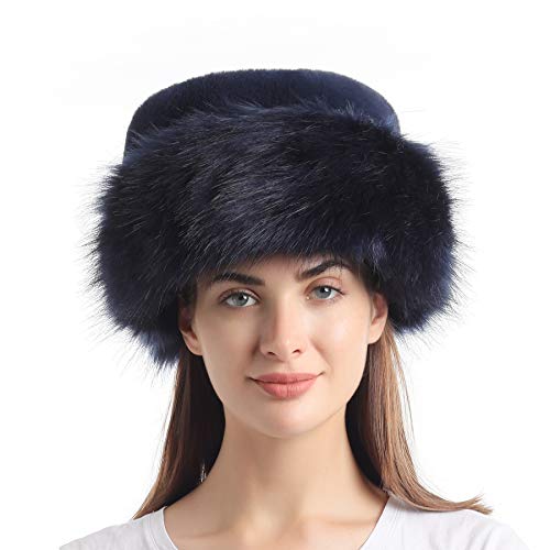 sy soul young Women's Leopard Faux Fur Hats Fluffy Bucket Hat Russian Style - color: Navy