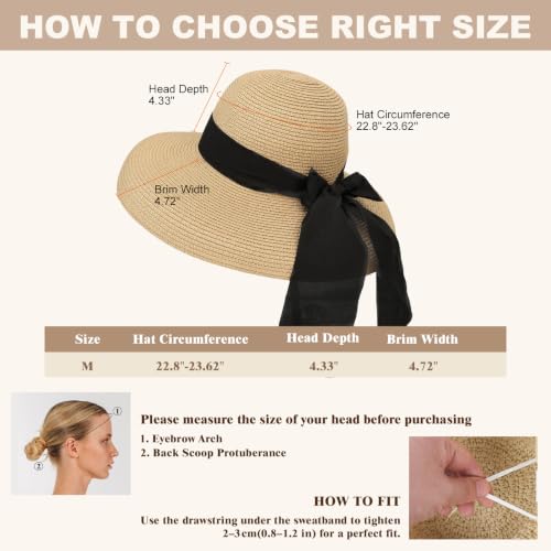 Surblue Women's Beach Straw Hat, Wide Brim Sun Hat with Black Bow - color: Khaki