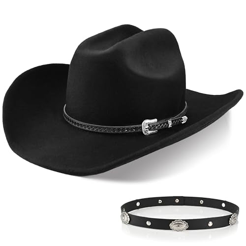 100% Wool Western Cowboy Hat for Men Women Classic Fedora Hat Felt Cowgirls Hats with Two Decorative Bands - color: Black-a, size: Large-X-Large