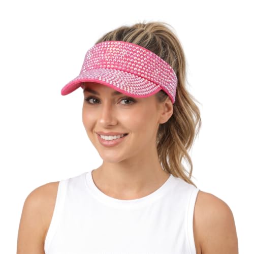 Bling Rhinestones Sun Visors Hats Golf Beach Open Top Visor Cap for Women - color: Hot Pink