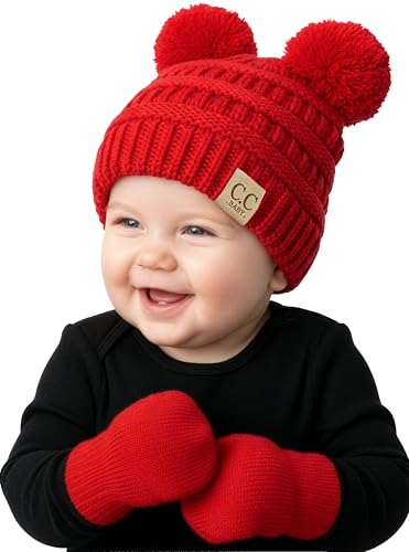 Funky Junque Baby Double Faux Fur Pom Pom Beanie & Mittens Set – Newborn Infant 0–9 Months Winter Hat with Soft Lined Mittens - color: Red (0-9 Months)