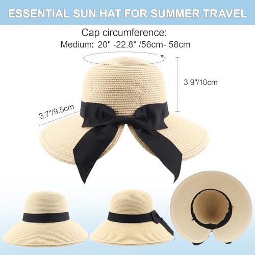 DRESHOW Sun Hats for Women Travel Fedora Foldable Beach Sun Hat Summer Wide Brim Straw Bucket Hat with Bowknot UPF 50+ - color: 1 Pack With Bowknot: Beige