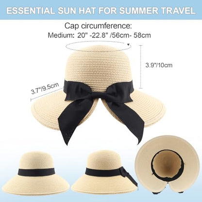 DRESHOW Sun Hats for Women Travel Fedora Foldable Beach Sun Hat Summer Wide Brim Straw Bucket Hat with Bowknot UPF 50+ - color: 1 Pack With Bowknot: Beige