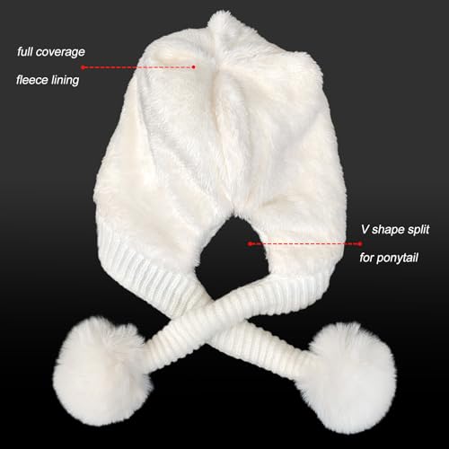 HUAMULAN Women Winter Knit Beanie Hat Circle Scarf Set Pompoms Ear Flaps - color: White Solid