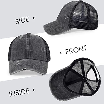 HH HOFNEN Ponytail Hat for Women Washed Distressed Baseball Cap Ponycaps - color: #3 Red+navy+lake Blue+black