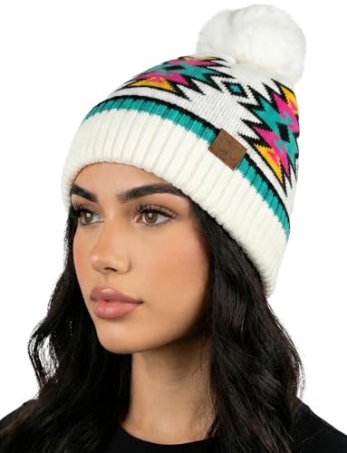 Funky Junque Women’s Pom Pom Beanie – Soft Knit Winter Hats for Women & Teens, Warm Fashionable Beanie with Faux Fur Poms - color: Ivory - Southwest Pattern