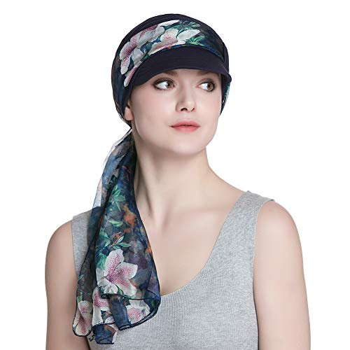 Alnorm Breathable Cotton Hat and Scarf Set Chemo Headwear for Women - color: Navy Peach Blossom