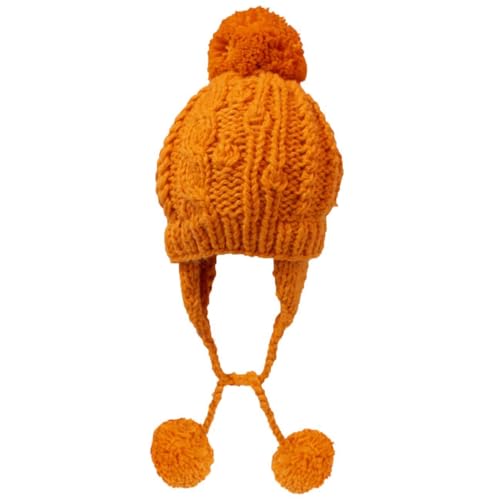 Women Winter Crochet Hat Cable Knit Beanie Ski Ear Flaps Pom Cap - color: Orange