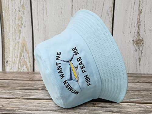 Women Want Me Fish Fear Me Embroidered Bucket Hat for Men Boy - color: Women Want Me Fish Fear Me - Light Blue