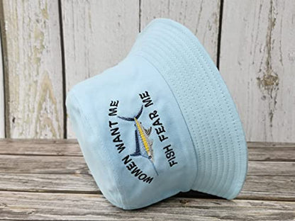 Women Want Me Fish Fear Me Embroidered Bucket Hat for Men Boy - color: Women Want Me Fish Fear Me - Light Blue