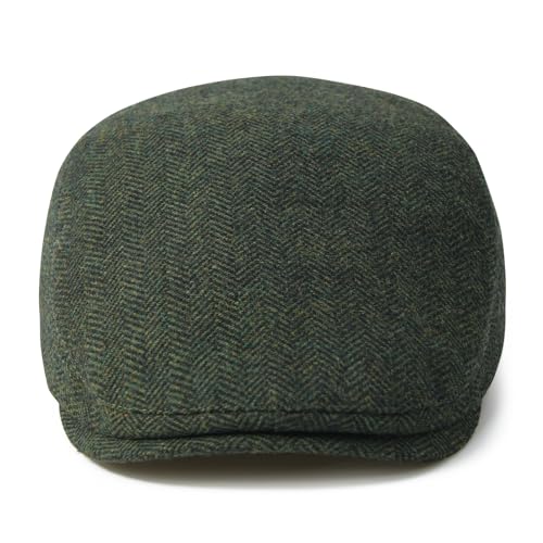 FEINION Men Wool Blend Flat Cap Tweed Newsboy Ivy Hat - color: Herringbone Green