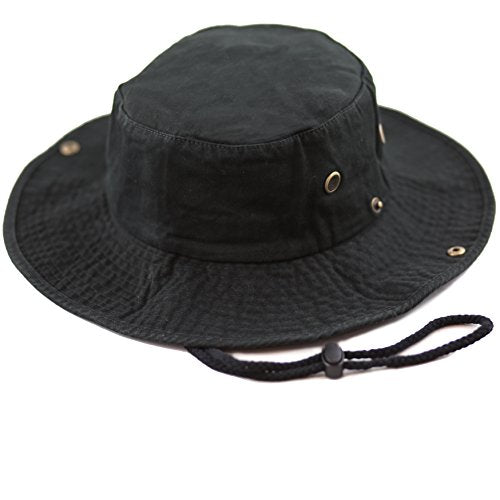 The Hat Depot Cotton Stone-Washed Safari Wide Brim Foldable Double-Sided Sun Boonie Bucket Hat - color: 2. Cotton - Black, size: Small-Medium