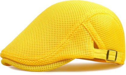 Xinveen Men's Mesh Cap Breathable Summer Newsboy Hat Adjustable Beret Ivy Cap Irish Cabbie Driving Hunting Hats - color: Yellow
