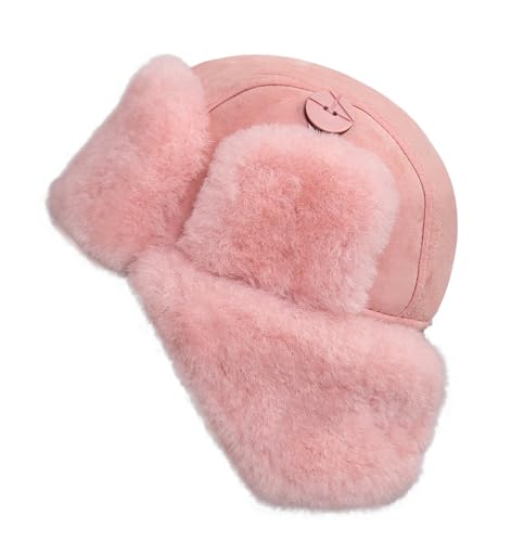 Winter Trapper Fur Hat for Women Men - Trooper Aviator Genuine Leather Shearling Sheepskin Ushanka Hat - color: Pink, size: Small