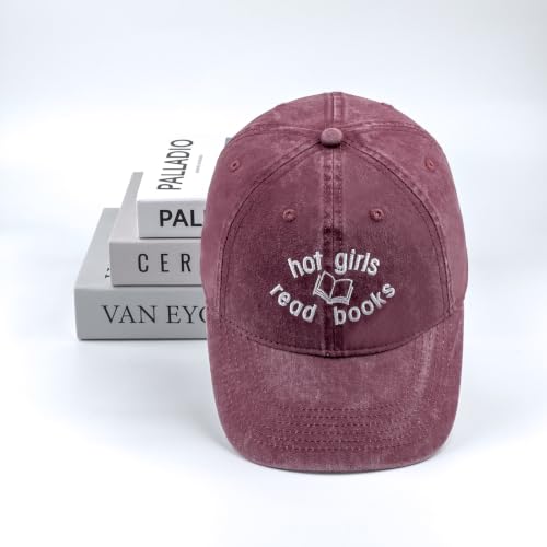 Embroidered Book Lover Baseball Cap for Men Women, Funny Washed Cotton Classic Dad Hat, Reading Lover Gift Idea - color: Hot Girls Read Books, Wine Red