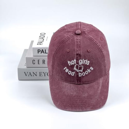 Embroidered Book Lover Baseball Cap for Men Women, Funny Washed Cotton Classic Dad Hat, Reading Lover Gift Idea - color: Hot Girls Read Books, Wine Red