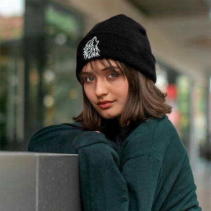 Black Beanie Hat for Men Women Embroidered Knit Winter Beanies Cap - color: Wolf