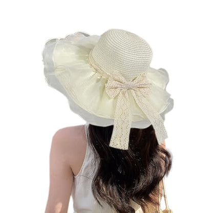 Women Summer Straw Hat Sun UV Protection Wide Brim Breathable Beach Visor Hats - color: Pale Yellow