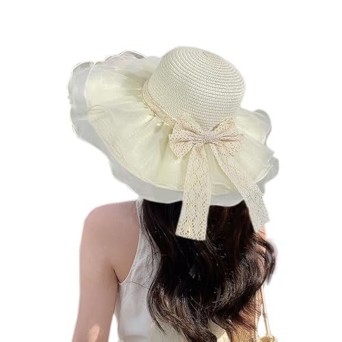 Women Summer Straw Hat Sun UV Protection Wide Brim Breathable Beach Visor Hats - color: Pale Yellow