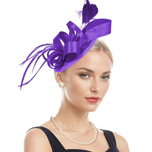 Century Star Kentucky Fascinator-Derby Hats for Women 2026 - Feather & Ribbon Hair Clip Headband Tea Party Wedding Church Hat - color: Purple