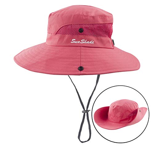 Muryobao Women's Ponytail Sun Hat UV Protection Foldable Mesh Wide Brim Beach Fishing Hat - color: Pure Watermelon Red