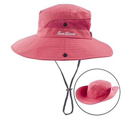 Muryobao Women's Ponytail Sun Hat UV Protection Foldable Mesh Wide Brim Beach Fishing Hat - color: Pure Watermelon Red