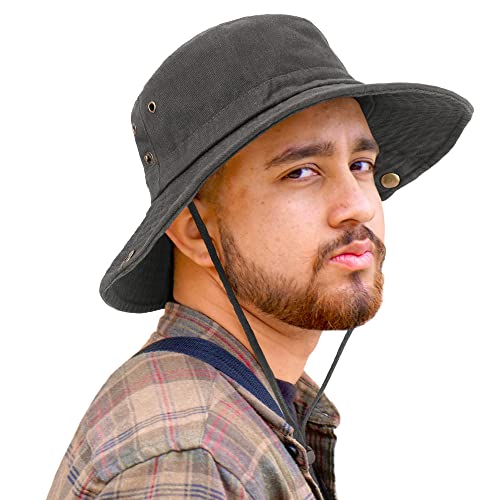 Unisex Cotton Boonie Hat Summer Fishing Bucket Hat Sun Hat with String - color: Solid Dark Grey