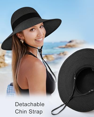 Sun Straw Hats for Women, Wide Brim Summer Beach Hat - color: Black, size: X-Large