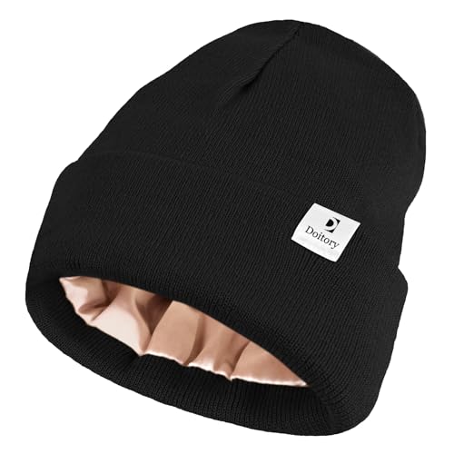 Satin Lined Winter Beanie Hat, Unisex Soft Knit Warm Skull Cap - color: Black