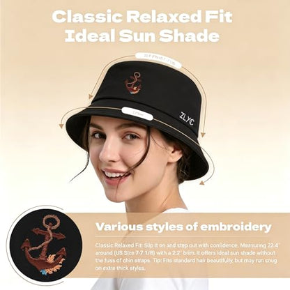 ZLYC Cotton Bucket Hat for Women Men Embroidered Packable Summer Sun Cap - color: Anchor Black