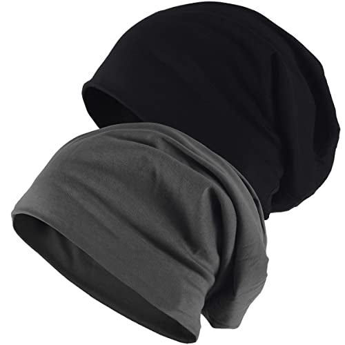 Mens Slouchy Beanie Hat Thin Baggy Summer Skull Cap - color: Soild Black/ Soild Grey