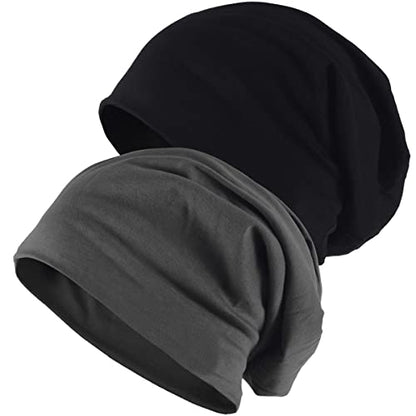 Mens Slouchy Beanie Hat Thin Baggy Summer Skull Cap - color: Soild Black/ Soild Grey