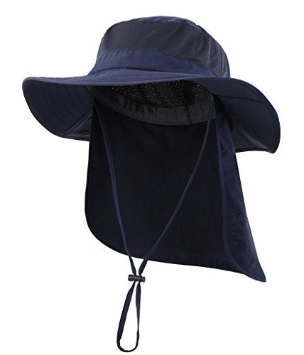 Home Prefer Outdoor UPF50+ Mesh Sun Hat Wide Brim Fishing Hat with Neck Flap Sun Hat for Men Women - color: Navy Blue